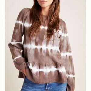 Anthropologie eri + ali Cynthia Tie Dye Peplum Top XS Brown White Waffle Thermal